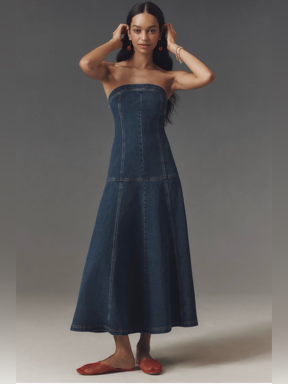 Pilcro Strapless Dark Blue Drop Waist Denim Maxi Dress - XS
